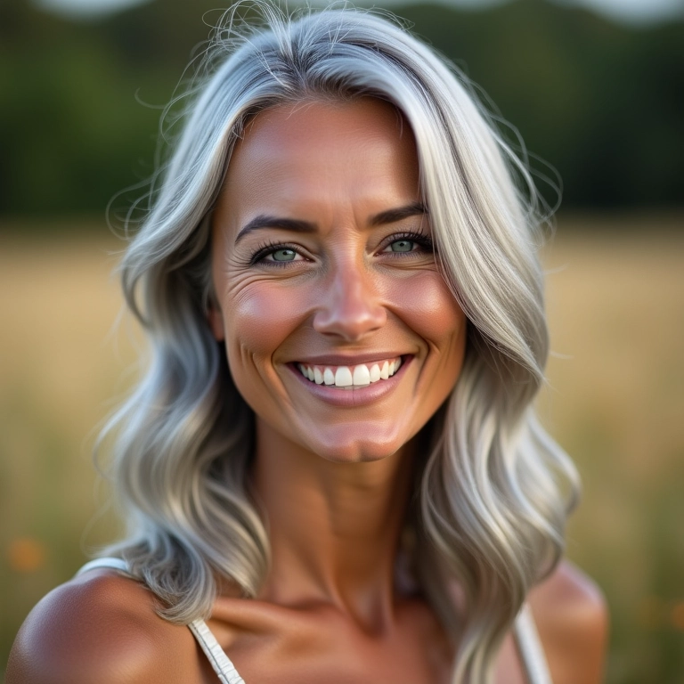 Cabelo Branco: Como Cuidar e Matizar os Fios em Casa Mulher madura sorrindo exibindo seus cabelos brancos saudáveis.