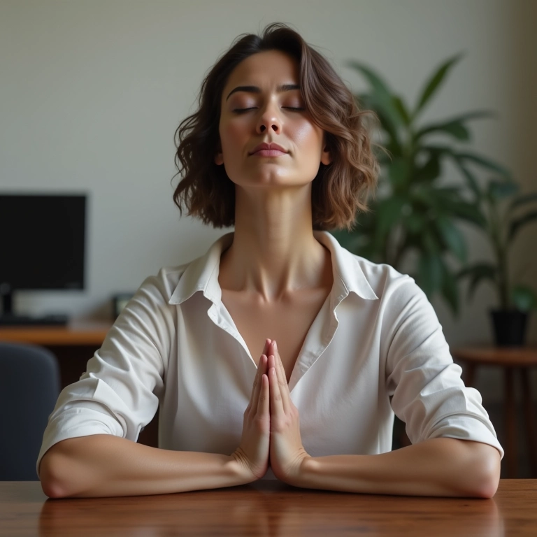 Mulher meditando durante pausa no trabalho.