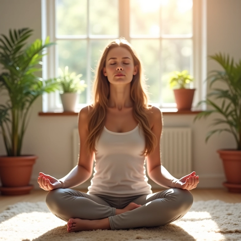 Mulher meditando em sala iluminada, agenda de blocos de tempo ao fundo.
