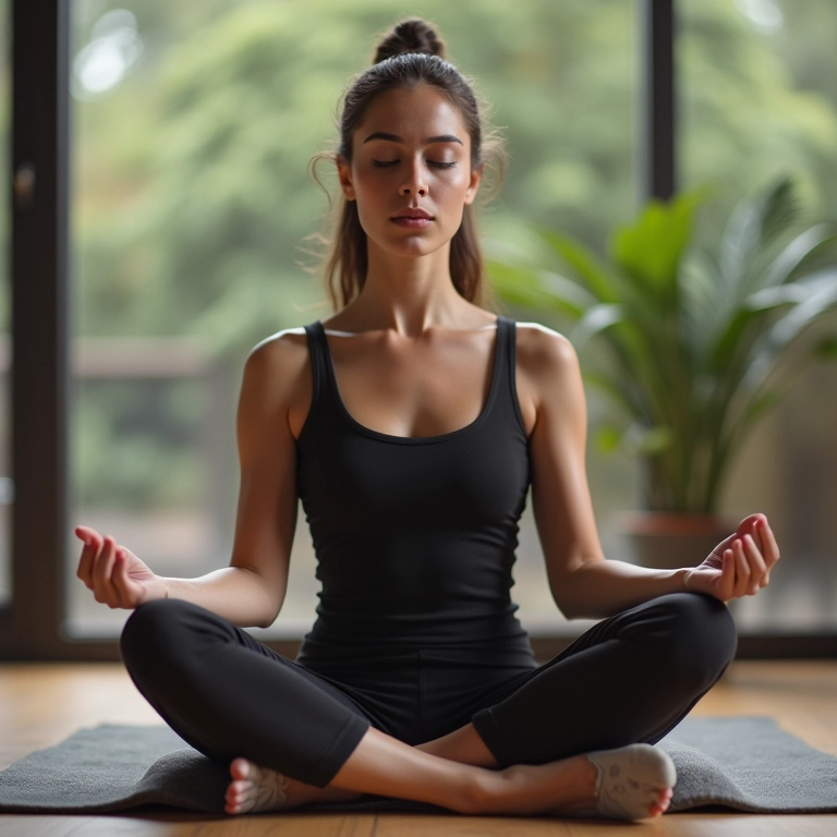 Mulher meditando, focando na atenção plena.