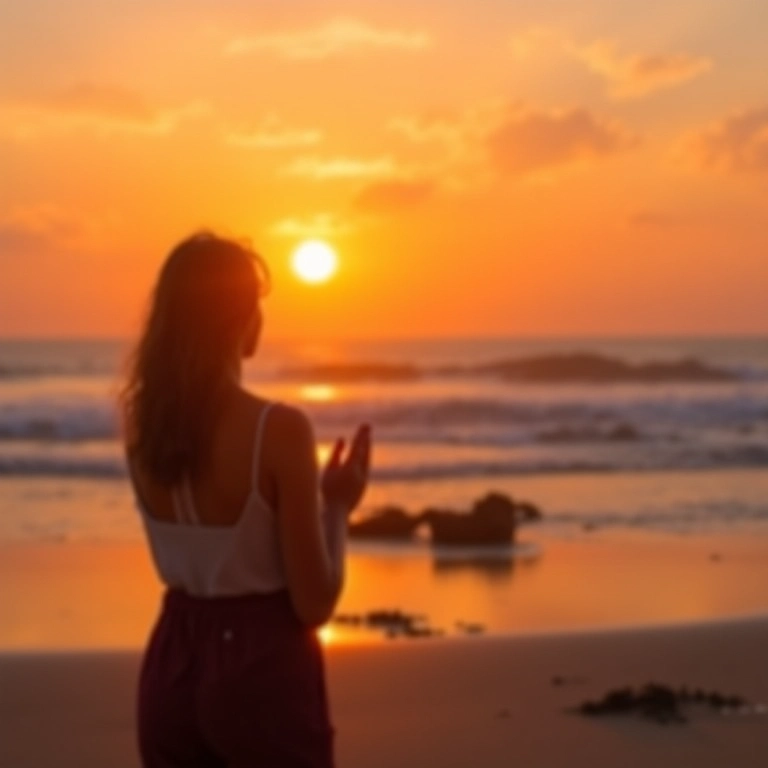 Mulher olhando o pôr do sol na praia, com as mãos juntas em gratidão.