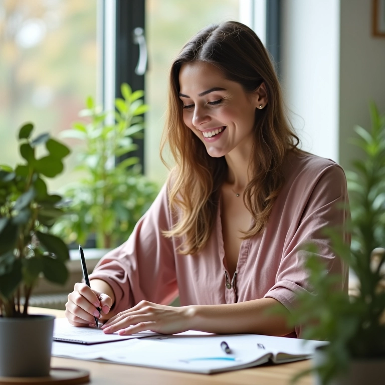 Mulher organizando a mesa de trabalho durante pausa.