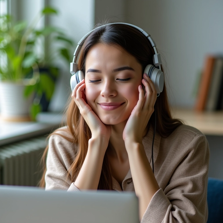 Mulher ouvindo música relaxante durante pausa no trabalho.