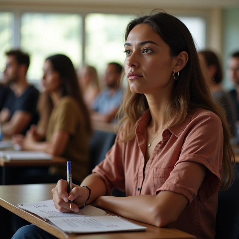 Mulher participando ativamente de um workshop e fazendo anotações.