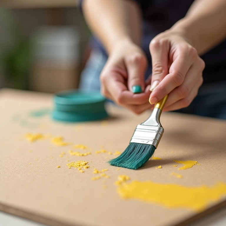 Mulher pintando MDF com pincel e tinta colorida.