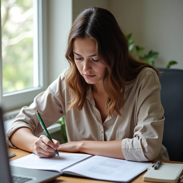 Mulher planejando o dia seguinte durante pausa no trabalho.