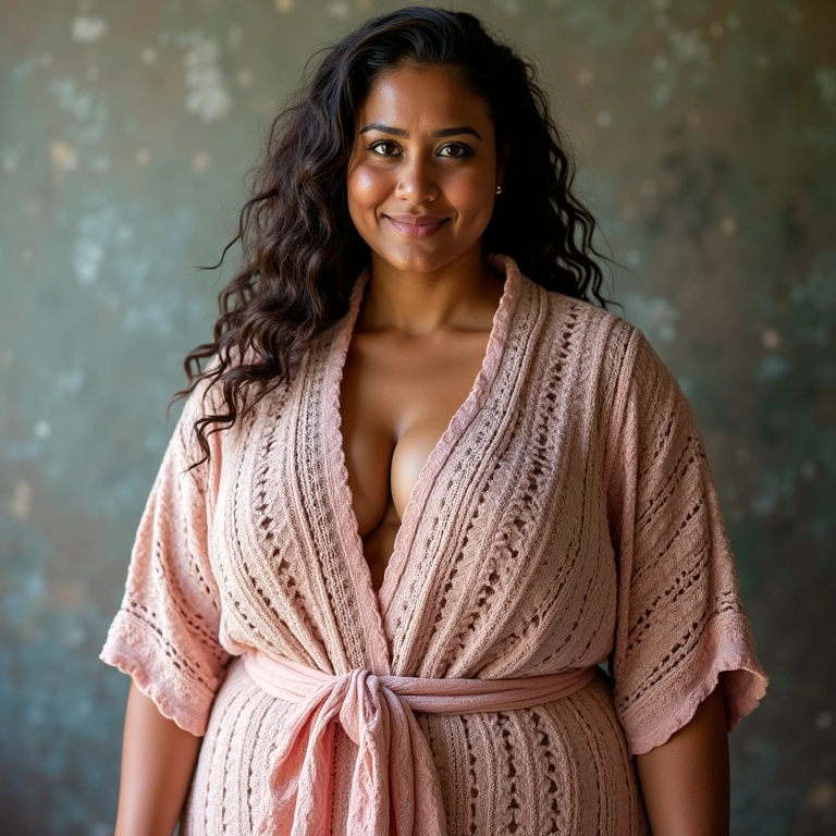 Mulher plus size usando kimono de crochê.