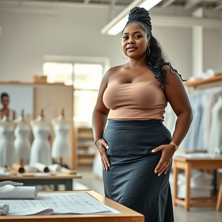 Mulher plus size usando saia godê estruturada.