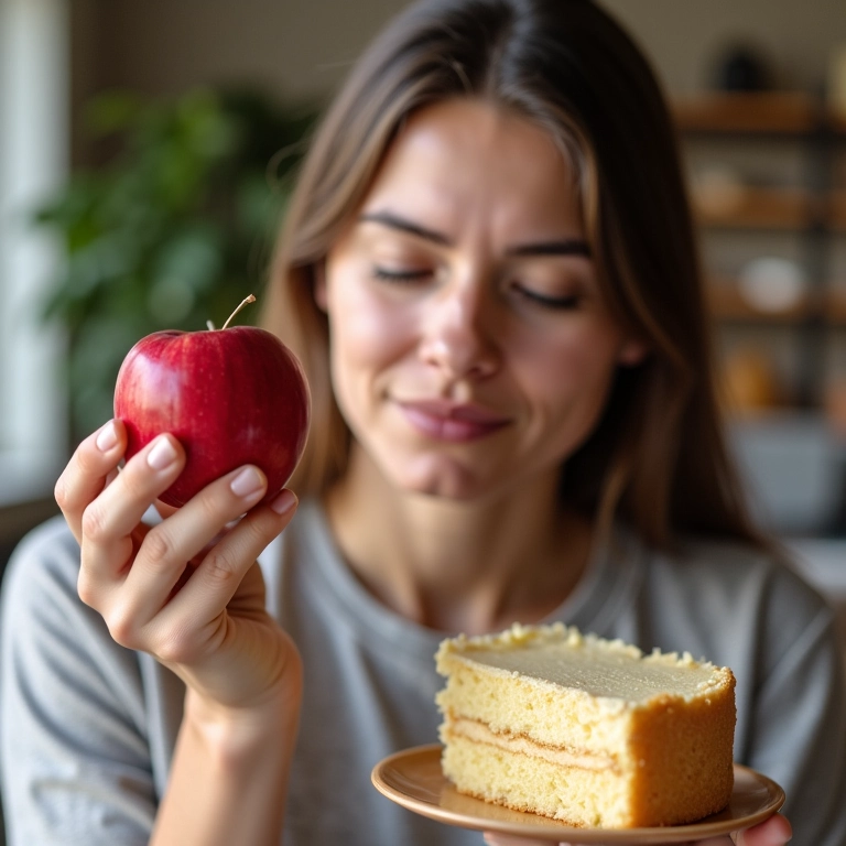 Mulher ponderando entre uma maçã e um pedaço de bolo, representando a diferença entre fome física e emocional.