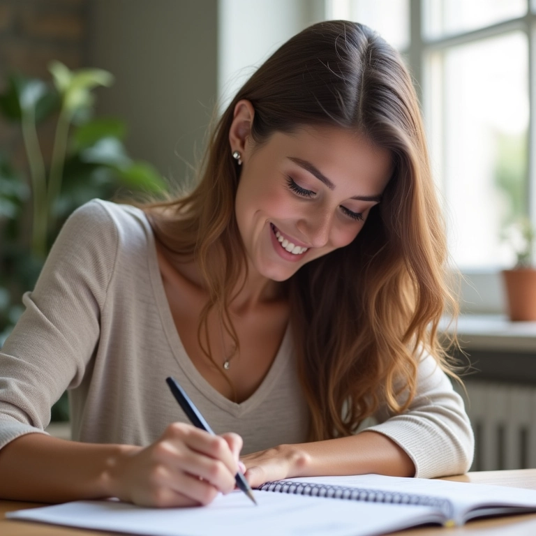 Mulher praticando a gratidão durante pausa no trabalho.
