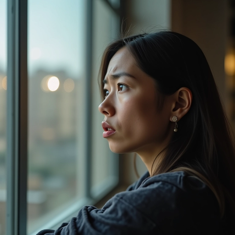 Mulher preocupada olhando para a janela, sentindo culpa.