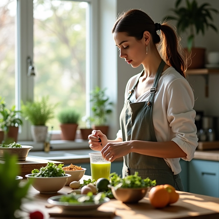 Mulher preparando chá verde em uma cozinha ensolarada.