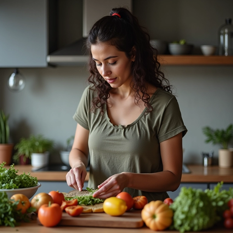 Mulher preparando refeição não saudável em cozinha brasileira.