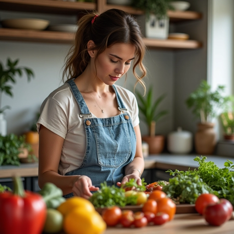 Mulher preparando refeição saudável em cozinha organizada, representando o planejamento alimentar.