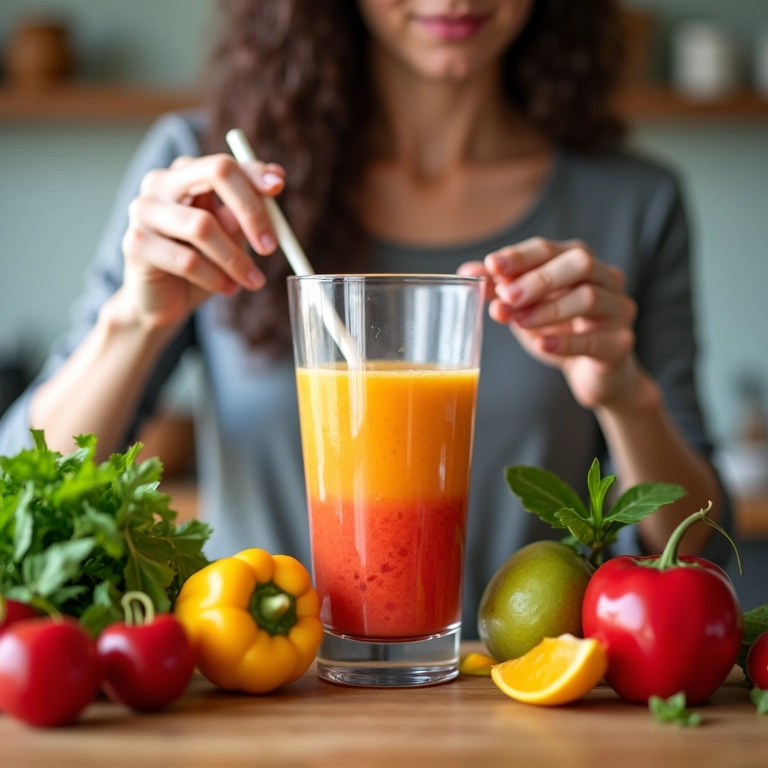 Mulher preparando um smoothie funcional com frutas e vegetais.