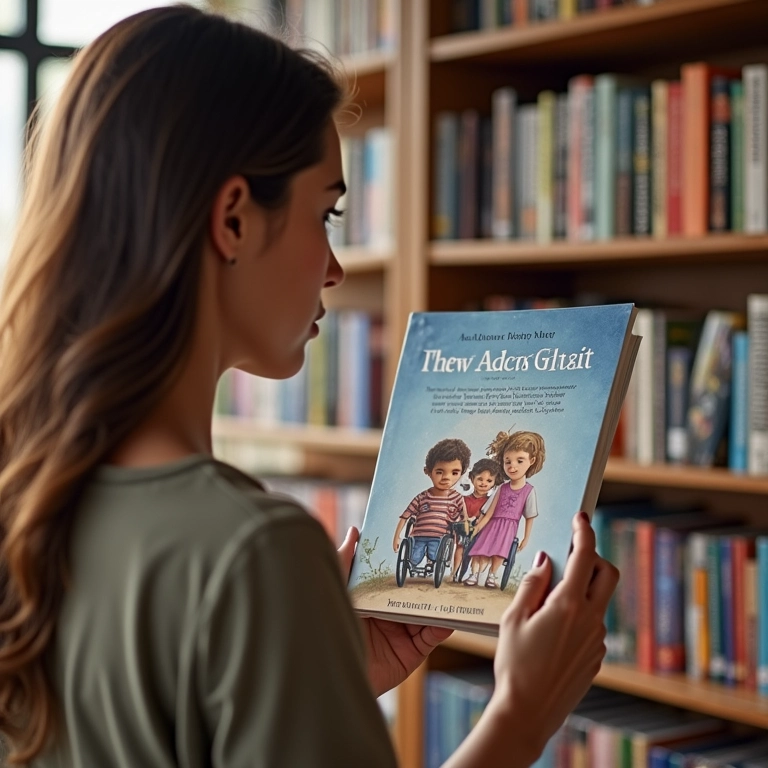 Mulher procurando um livro sobre famílias com crianças especiais.