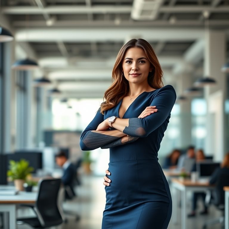 Mulher profissional em um escritório moderno usando um vestido tubinho elegante azul marinho.