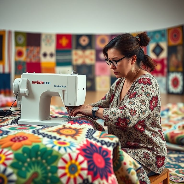 Mulher quiltando um grande quilt colorido em uma máquina de costura em um estúdio iluminado.