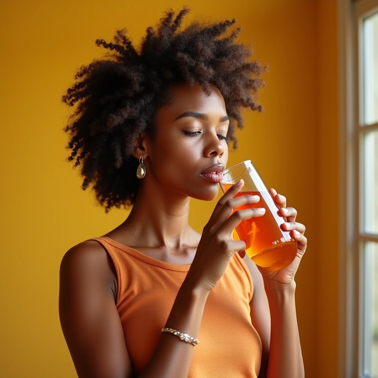 Mulher radiante bebendo kombucha para um impulso de energia.