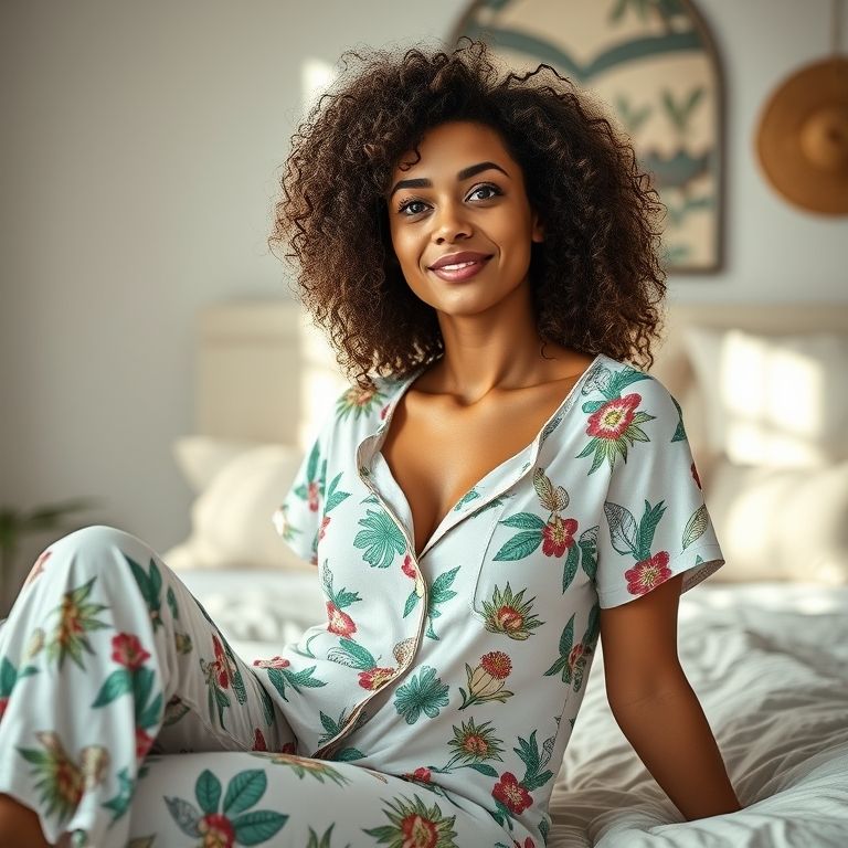 Mulher relaxada em pijamas de verão confortáveis em um quarto arejado e decorado com estilo brasileiro.