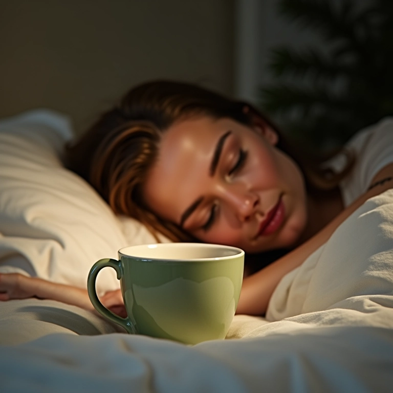 Mulher relaxando com chá verde antes de dormir.