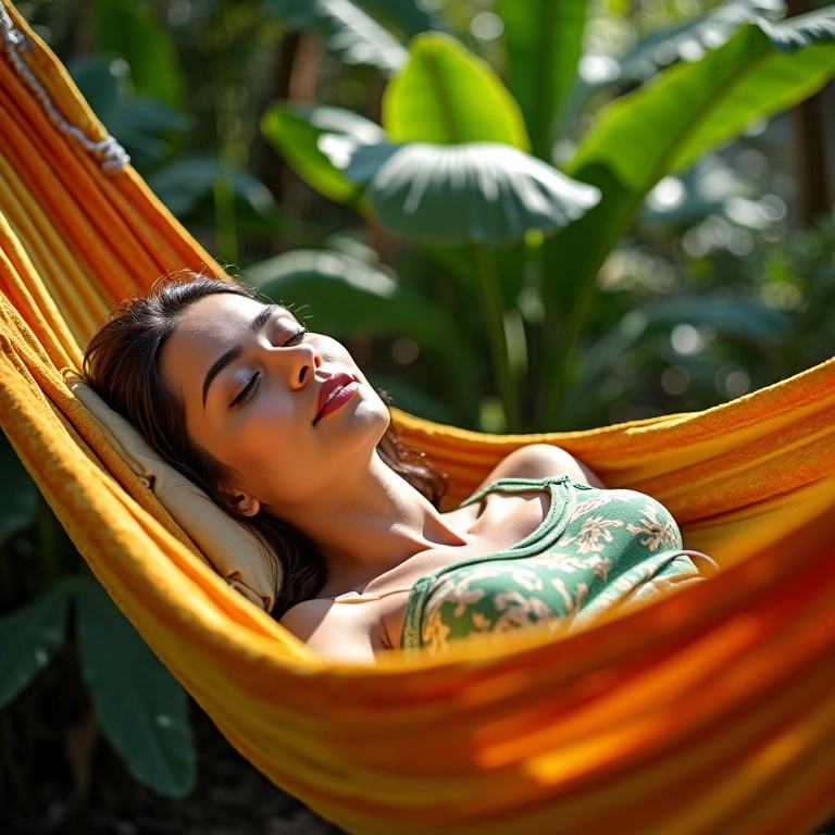 Cochilos estratégicos: Energia extra Mulher relaxando em rede colorida, tirando um cochilo energizante sob a luz do sol.