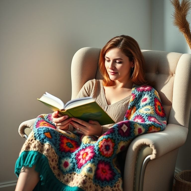 Mulher relaxando na poltrona com manta de crochê.