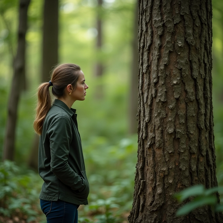 Mulher se aproximando de uma árvore com sinais de doença, ponderando se é seguro abraçar.