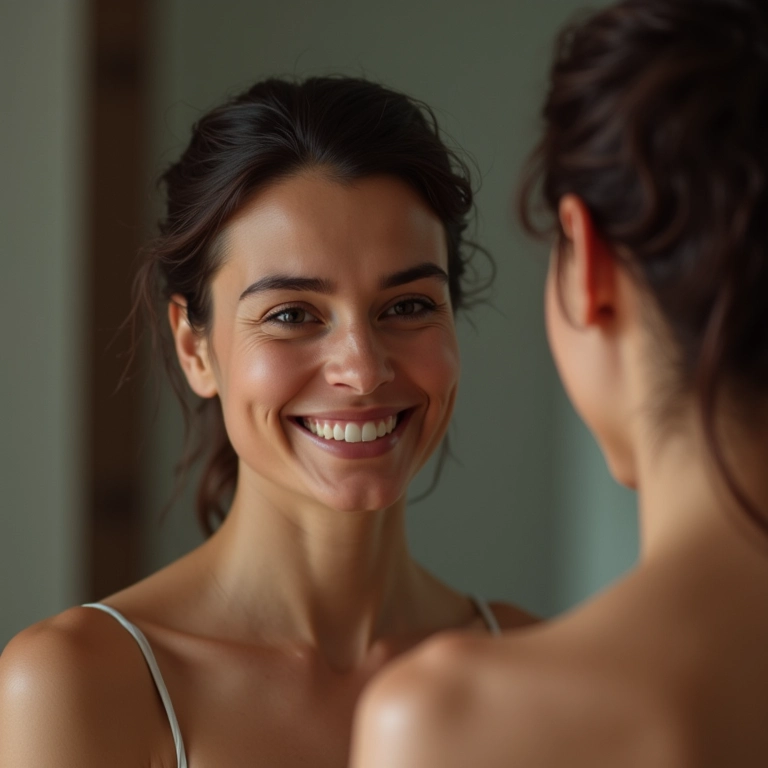 Mulher se olhando no espelho com um sorriso confiante.