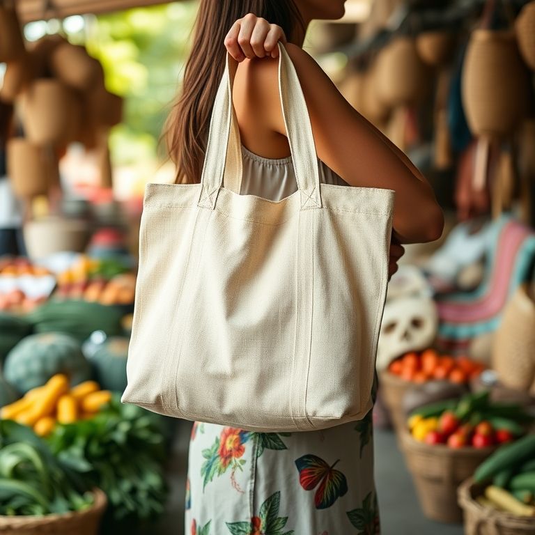 Mulher segurando ecobag retangular simples de lona.