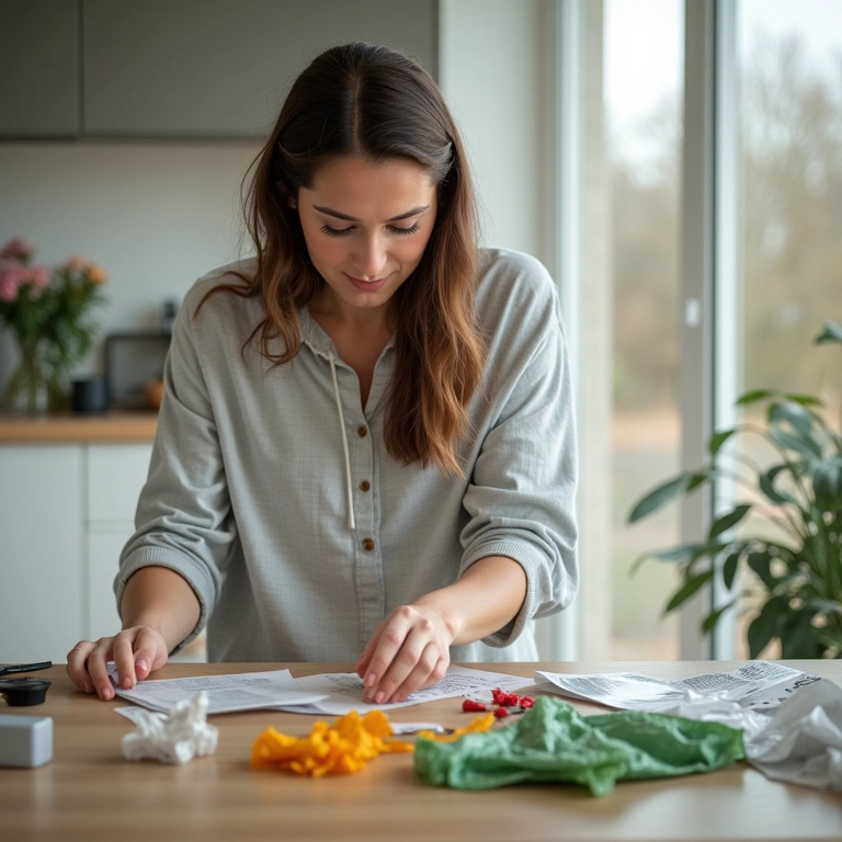 Mulher separando materiais recicláveis (papel, plástico, vidro) em cozinha moderna.