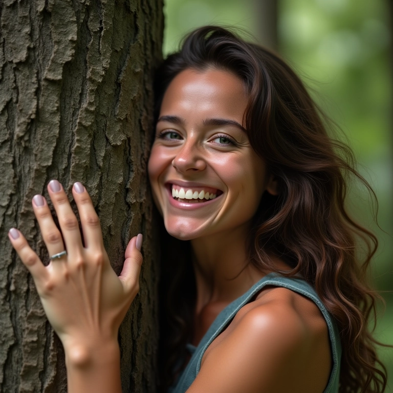 Mulher sorrindo ao abraçar uma árvore, desmistificando a ideia de ser 'coisa de hippie'.