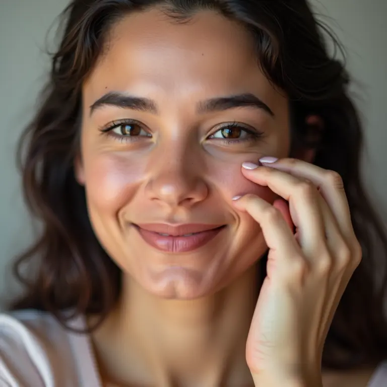 Mulher sorrindo aplicando maquiagem leve e natural para o dia a dia.