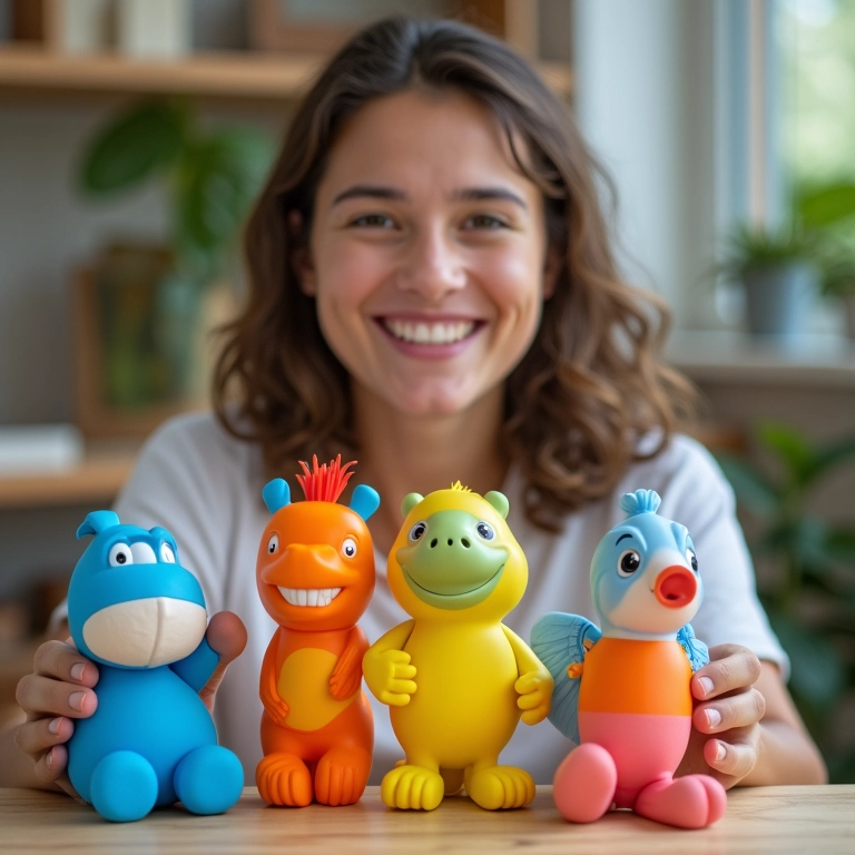 Mulher sorrindo apresentando brinquedos coloridos feitos de garrafas PET recicladas.