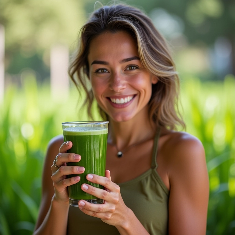 Mulher sorrindo bebendo suco de wheatgrass.