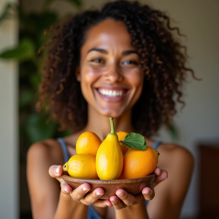 Mulher sorrindo com cajá na mão.