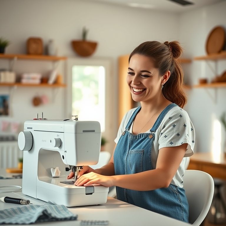 Mulher sorrindo costurando com máquina overlock em ateliê.
