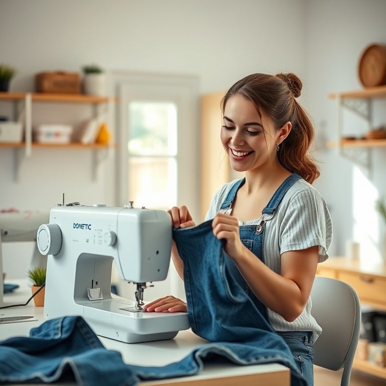 Mulher sorrindo costurando jeans em máquina doméstica em um ateliê ensolarado.