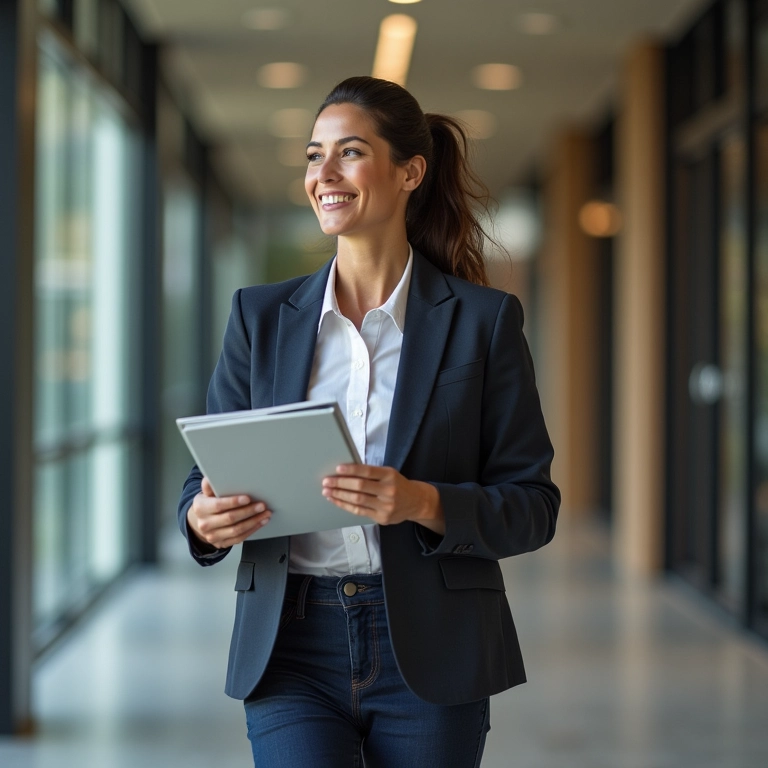Mulher sorrindo e confiante indo para entrevista de emprego, com dicas extras para arrasar.