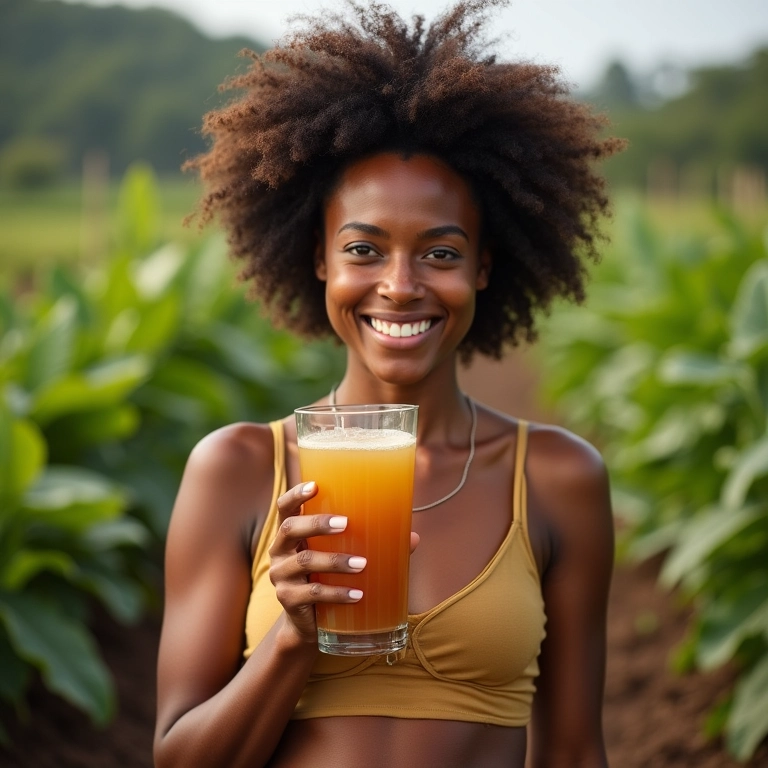 Mulher sorrindo enquanto bebe kombucha para ajudar na digestão.