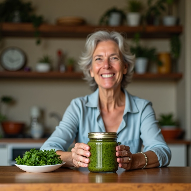 Mulher sorrindo mostrando um pote de molho pesto caseiro.