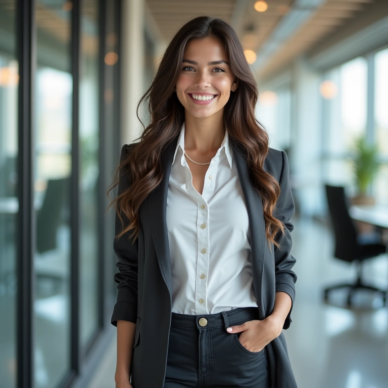 Mulher sorrindo para entrevista de emprego, vestindo roupa casual elegante em escritório moderno.