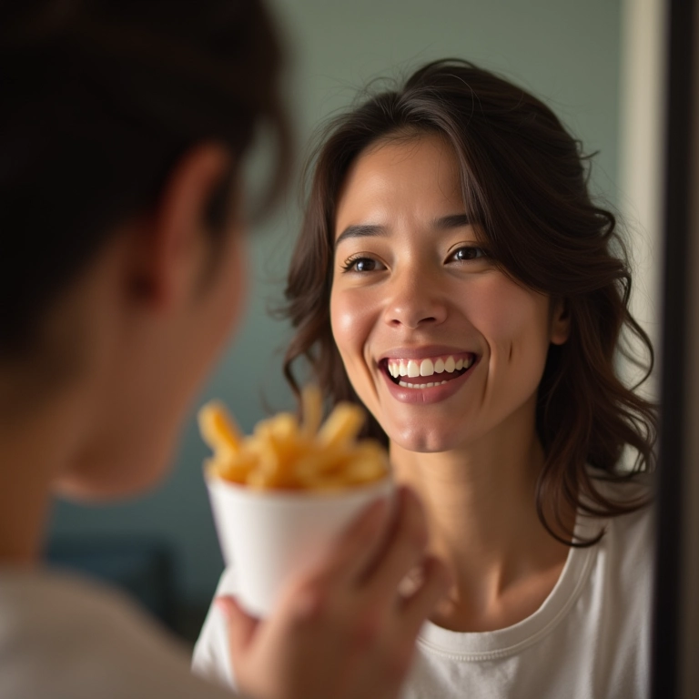 Mulher sorrindo para si mesma no espelho após comer, representando a auto-compaixão.