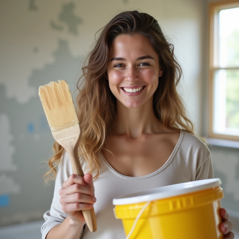 Mulher sorrindo, segurando espátula e massa corrida em quarto em reforma.