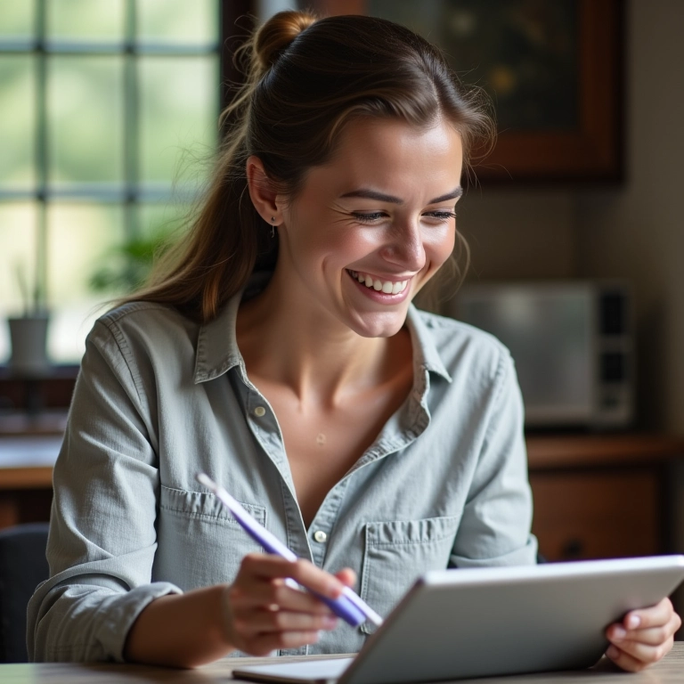 Técnica de Bloqueio de Tempo Para um Dia Produtivo Mulher sorrindo usando planner digital, visualizando blocos de tempo.