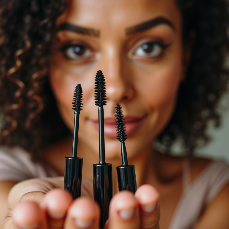 Mulher testando diferentes máscaras de cílios na mão.