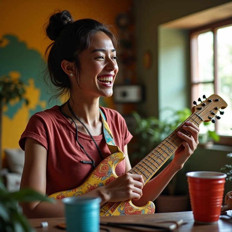 Mulher tocando instrumentos musicais feitos com materiais reciclados em casa colorida.