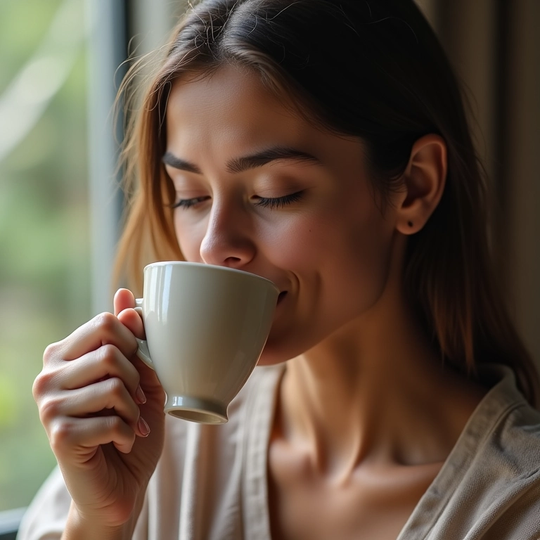 Mulher tomando café após um cochilo, sentindo o boost de energia da combinação.