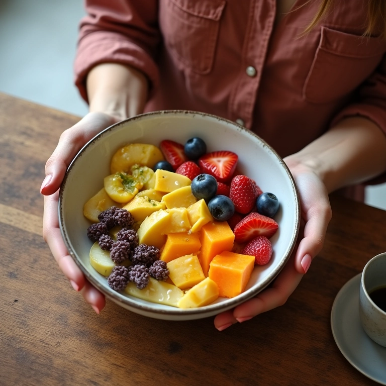 Mulher tomando café da manhã com salada de frutas e óleo de coco para emagrecer.