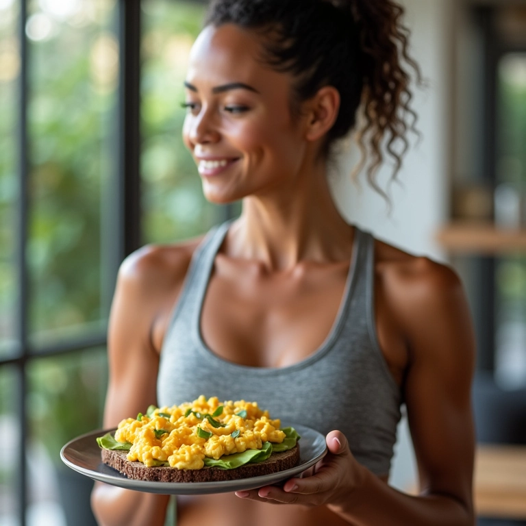 Mulher tomando café da manhã rico em proteínas após o treino.